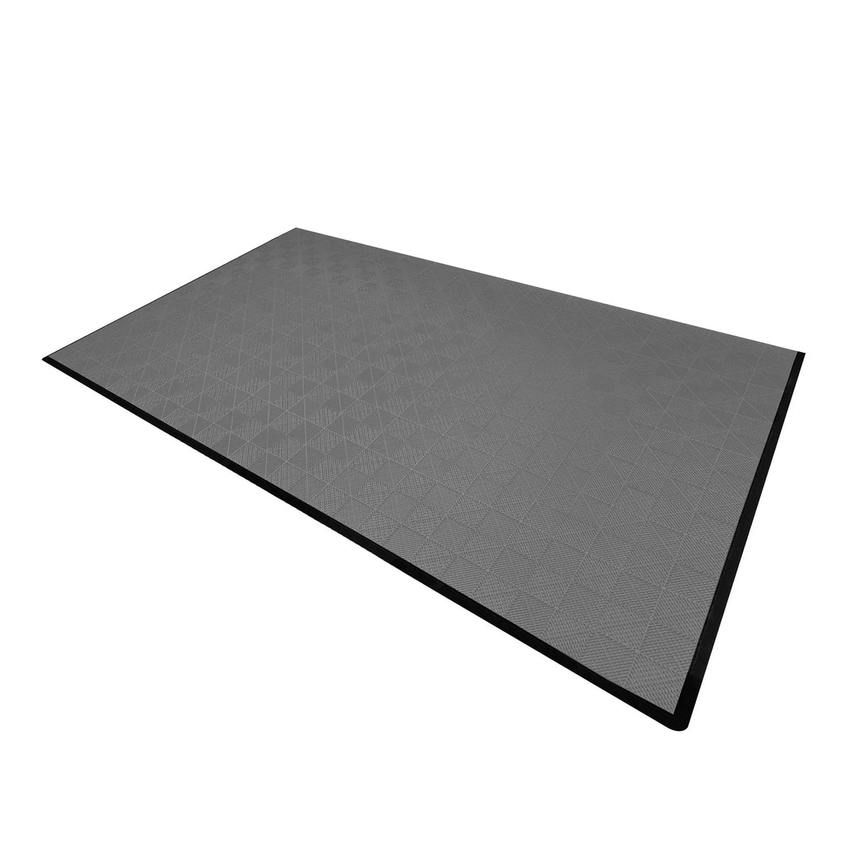 Vented grey garage floor tiles with textured surface and black edges, designed for durability and easy drainage in garages