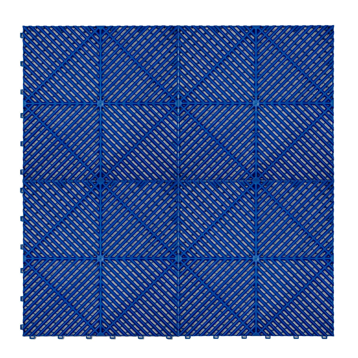 Vented blue garage floor tiles arranged in a grid, featuring a textured surface and interlocking edges for easy installation