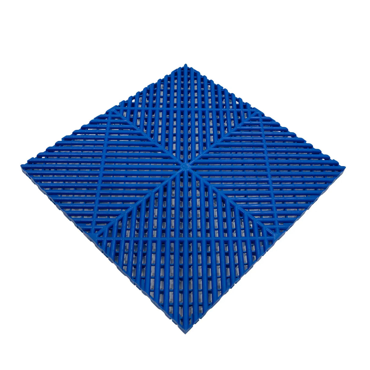 Vented blue garage floor tile with a textured surface and interlocking edges, designed for durability and easy installation