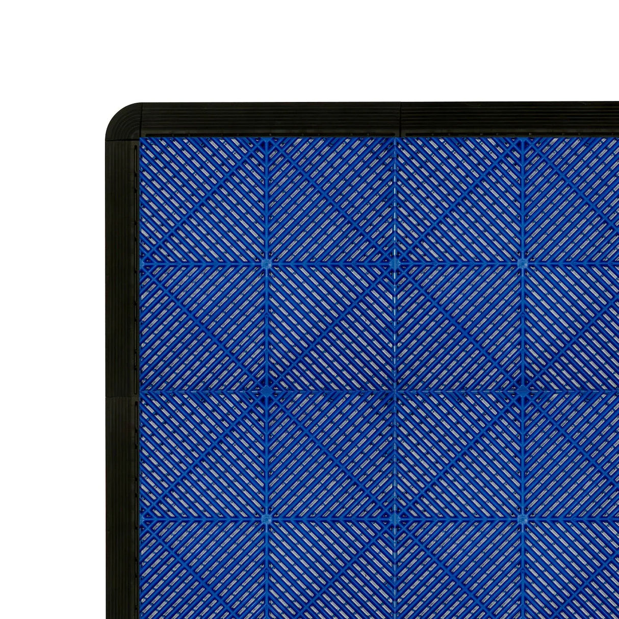 Vented blue garage floor tiles with textured surface and black edges, designed for durability and easy drainage in garages