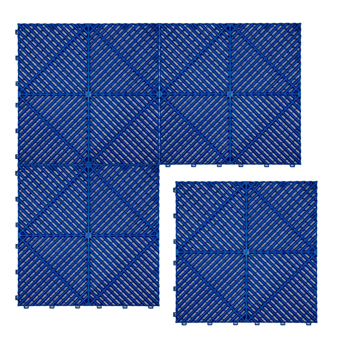 Vented blue garage floor tiles arranged in a grid pattern, featuring a textured surface for traction and drainage, with interlocking edges
