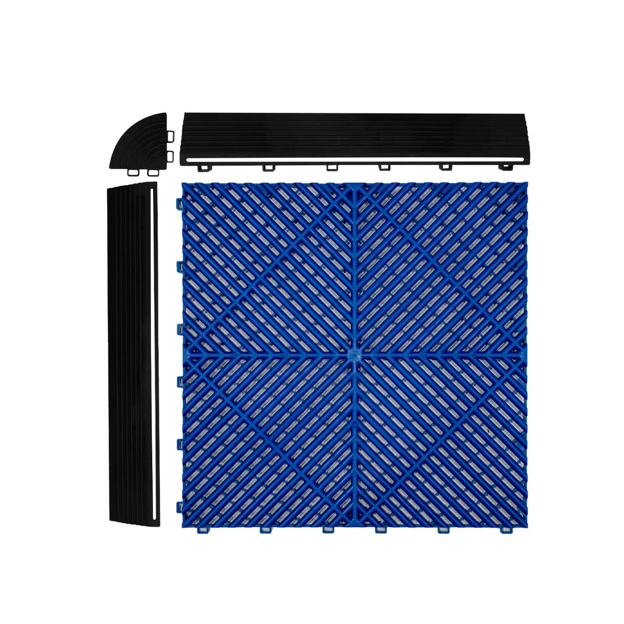 Vented blue garage floor tiles with interlocking edges, featuring a textured surface for enhanced grip and durability