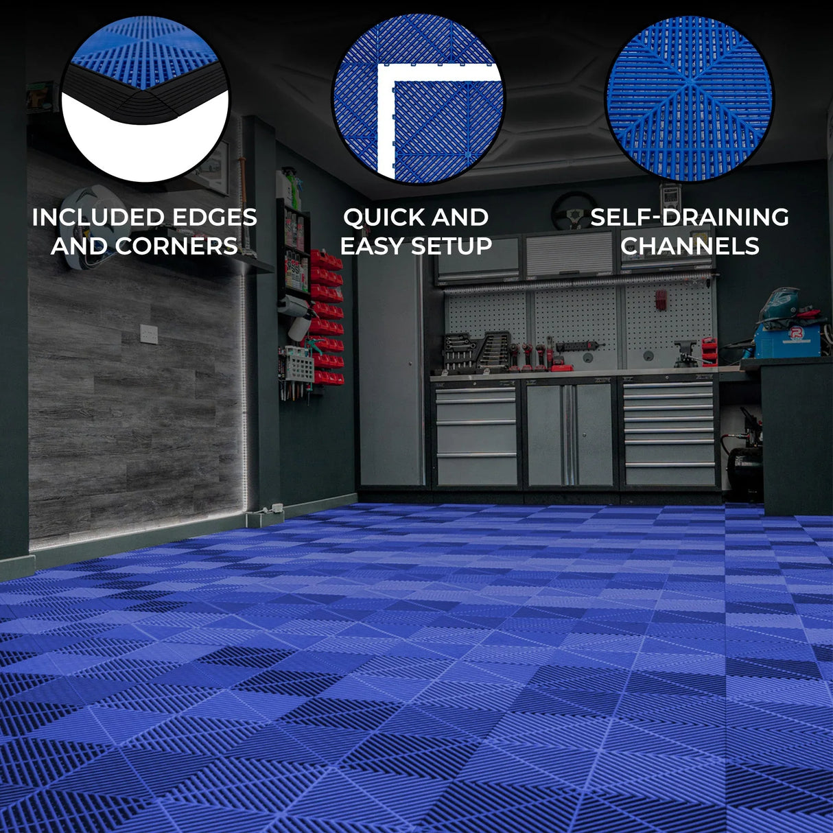 Vented blue garage floor tiles with edges, featuring self-draining channels and a textured surface for easy setup and durability