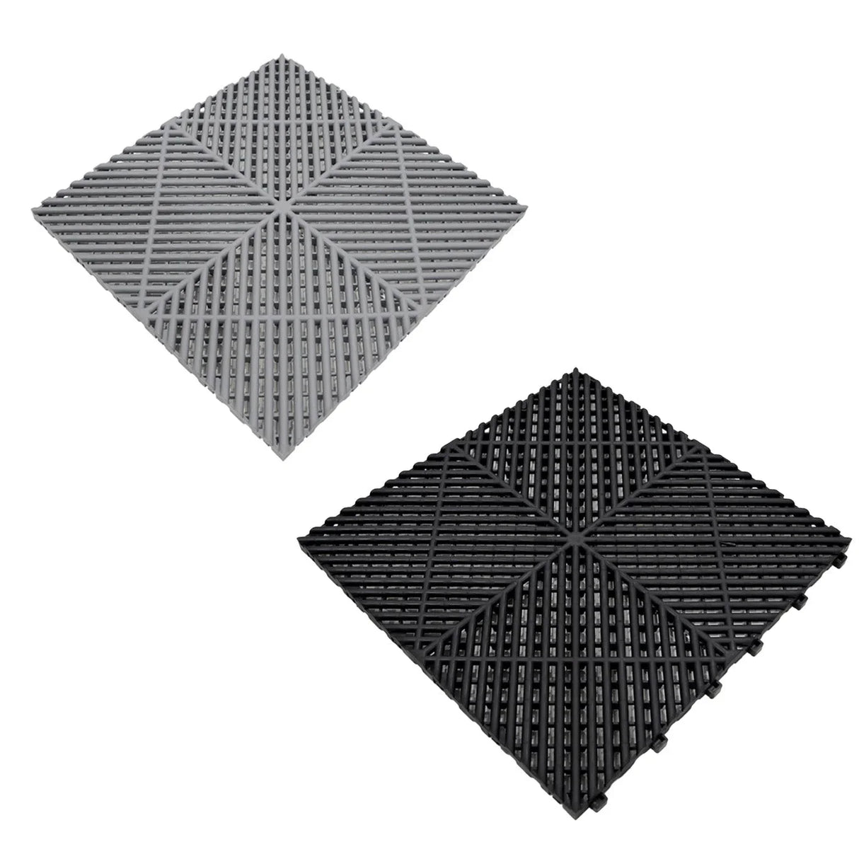 Vented garage floor tiles in black and grey, featuring a textured surface and interlocking edges for easy installation and drainage