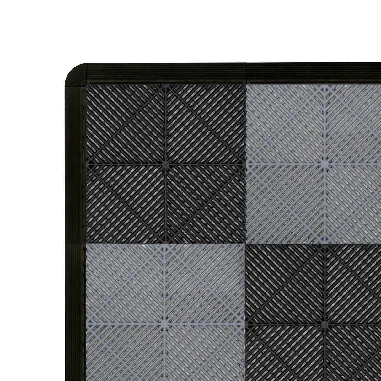 Vented garage floor tiles in black and grey, featuring a textured surface and interlocking edges for easy installation and durability