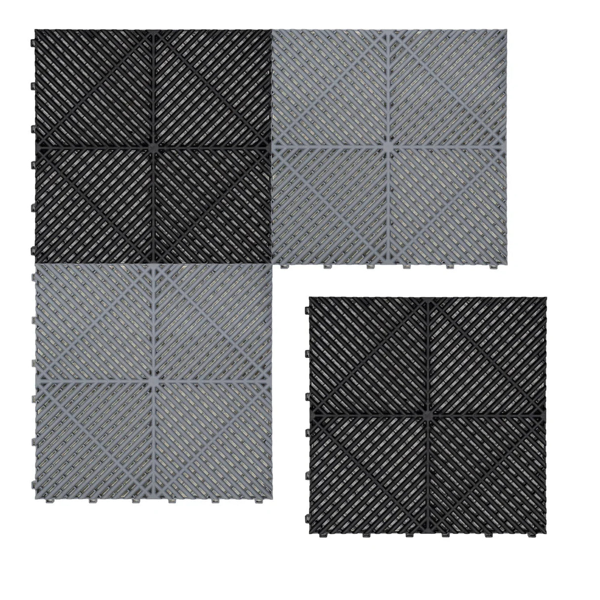 Vented garage floor tiles in black and grey, featuring a textured surface and interlocking edges for easy installation and durability
