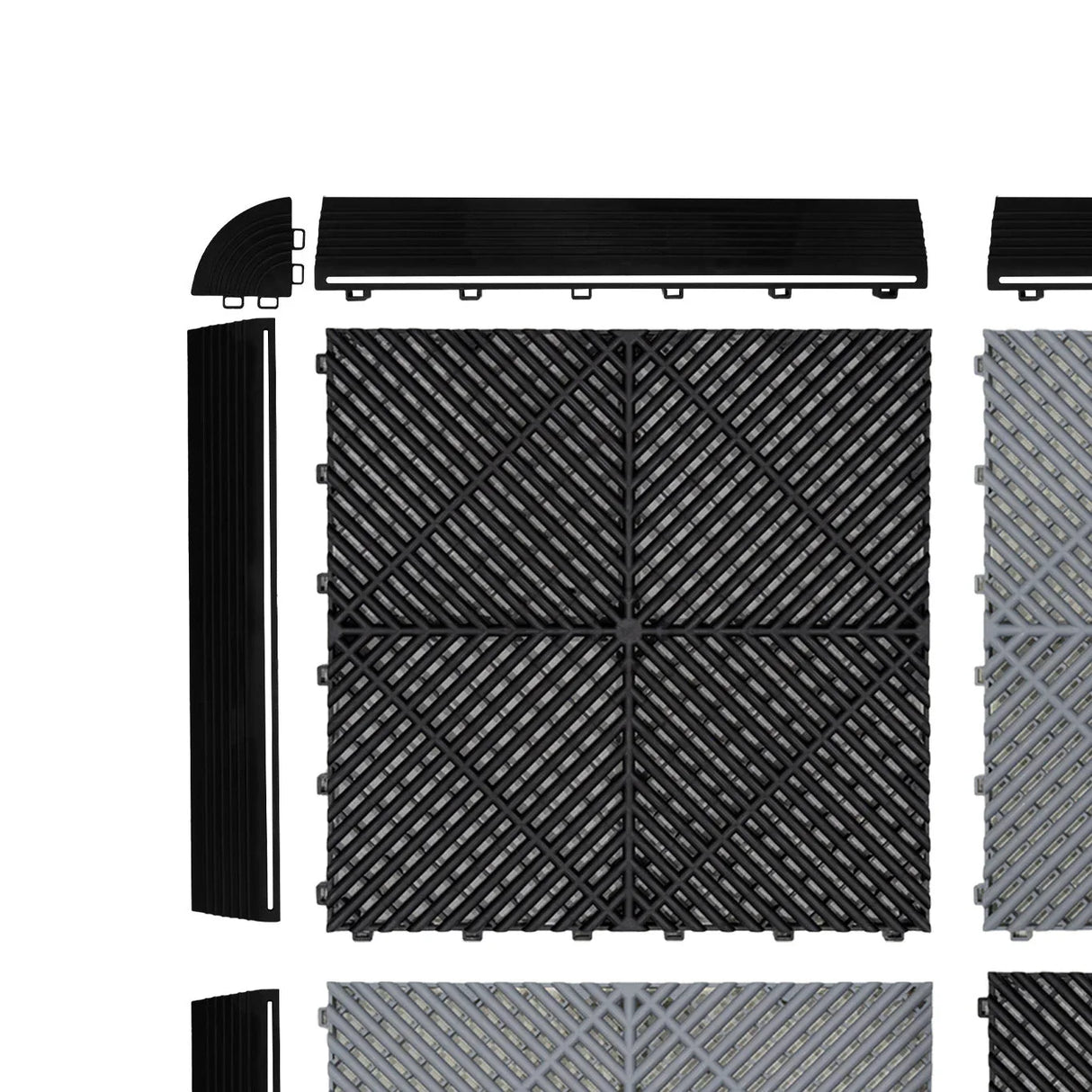 Vented garage floor tiles in black and grey, featuring interlocking edges, textured surface for traction, and durable design
