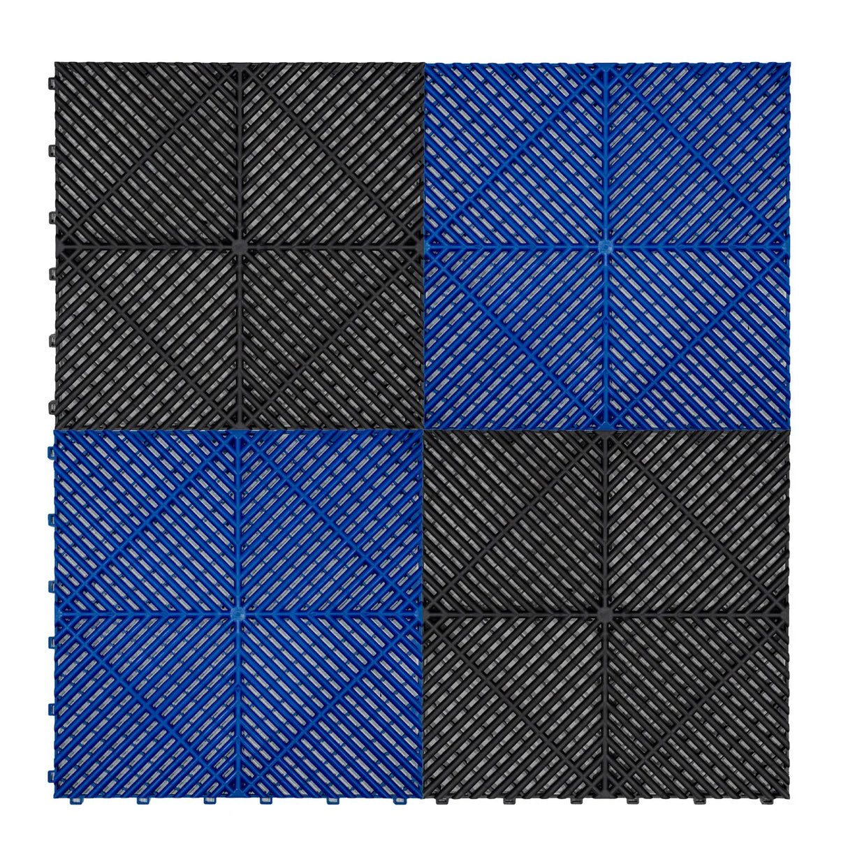 Vented garage floor tiles in a checkerboard pattern, featuring 60 black and 60 blue tiles with textured surfaces for traction