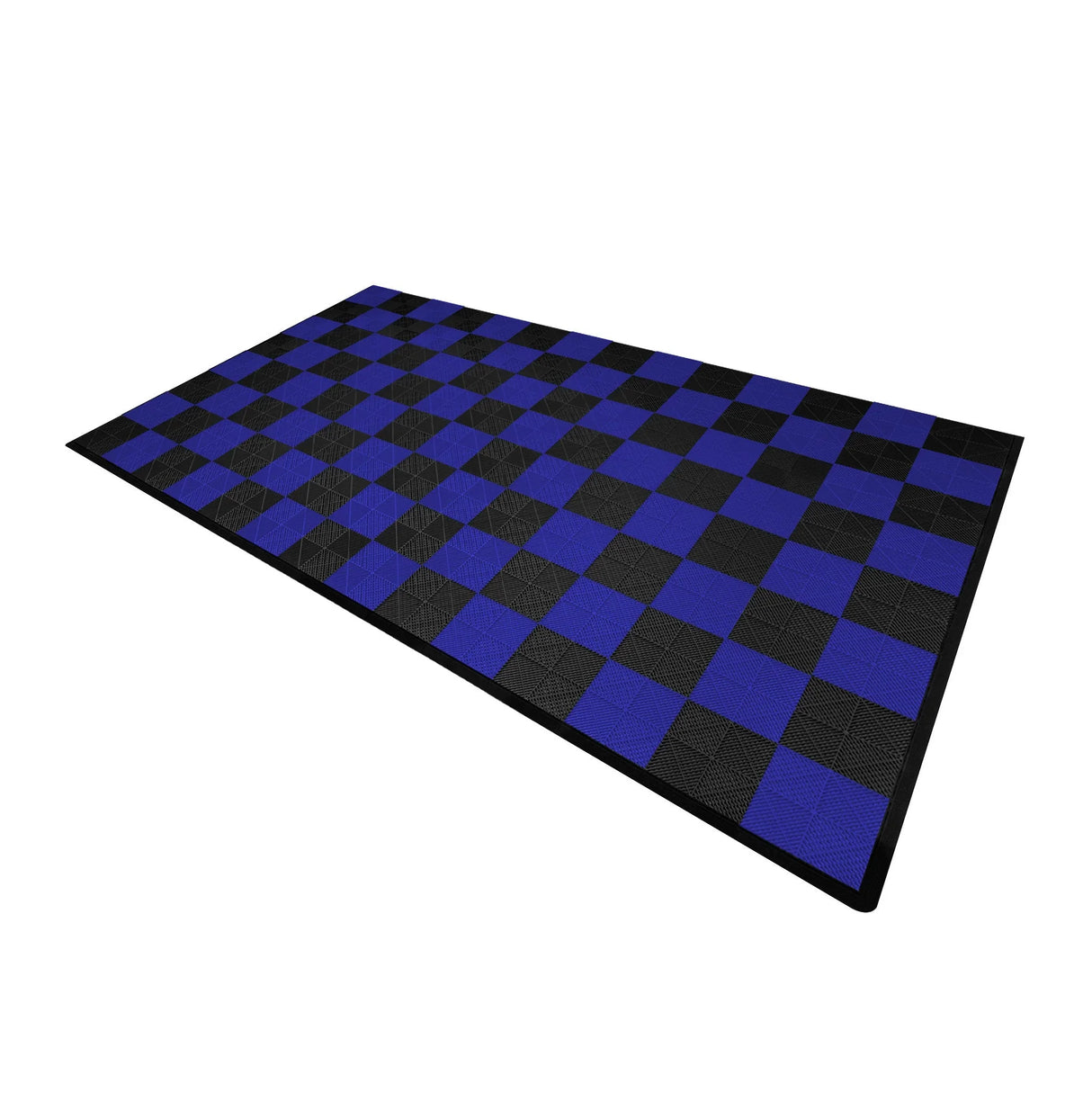 Vented garage floor tiles in a checkerboard pattern, featuring 60 black and 60 blue tiles, textured for grip and durability
