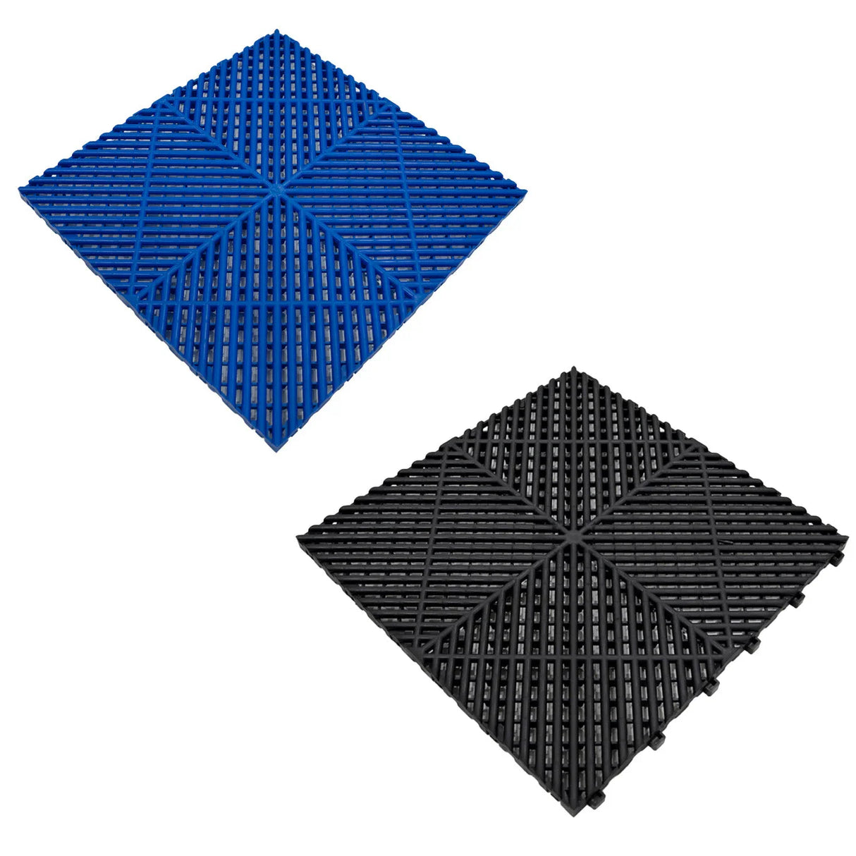 Vented garage floor tiles in black and blue, featuring a textured surface and interlocking design for easy installation and drainage