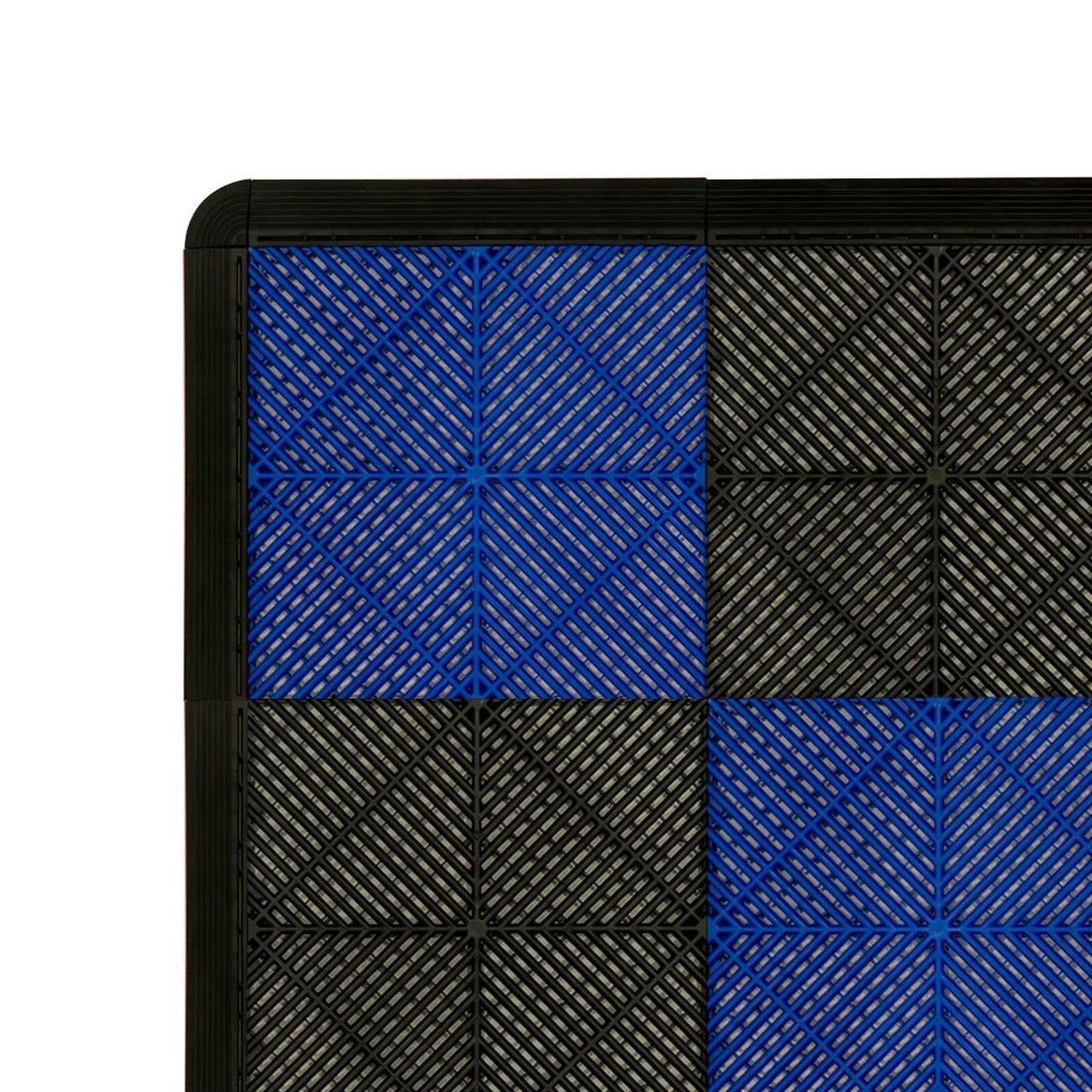 Vented garage floor tiles in black and blue, featuring a textured surface and interlocking edges for easy installation and durability