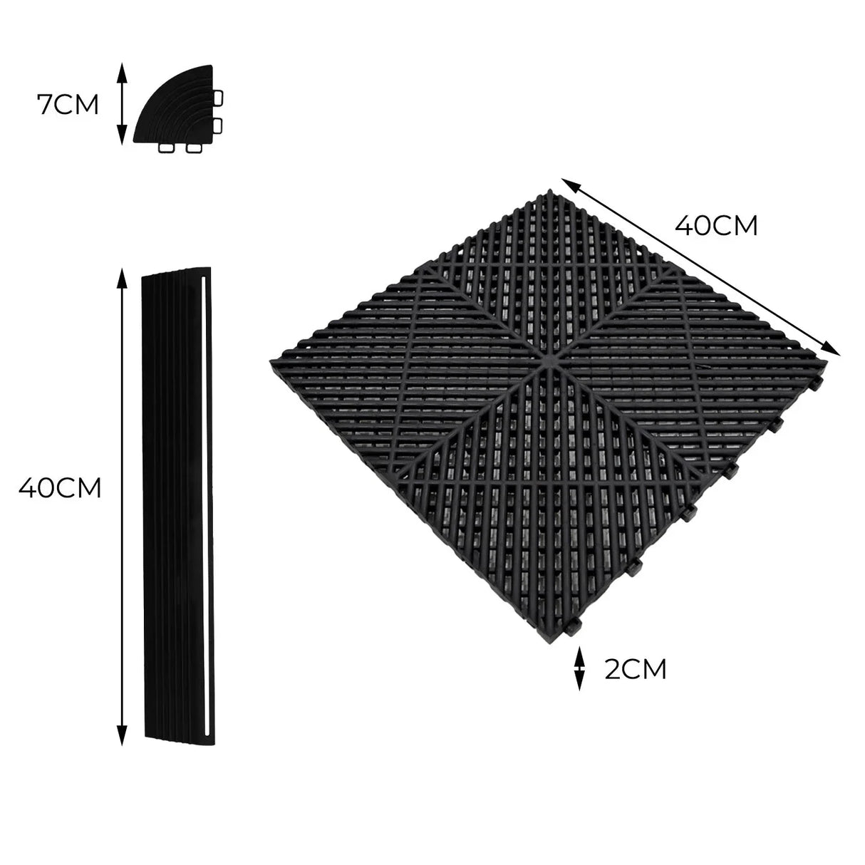 Vented garage floor tiles in black and blue, featuring interlocking edges, textured surface, and dimensions of 40cm x 40cm x 2cm