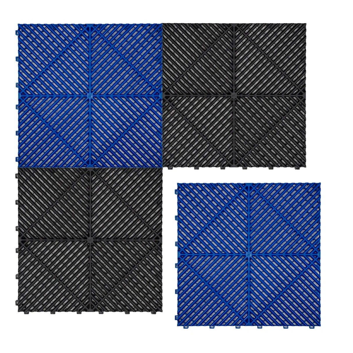 Vented garage floor tiles in black and blue, featuring a textured surface and interlocking edges for easy installation and drainage