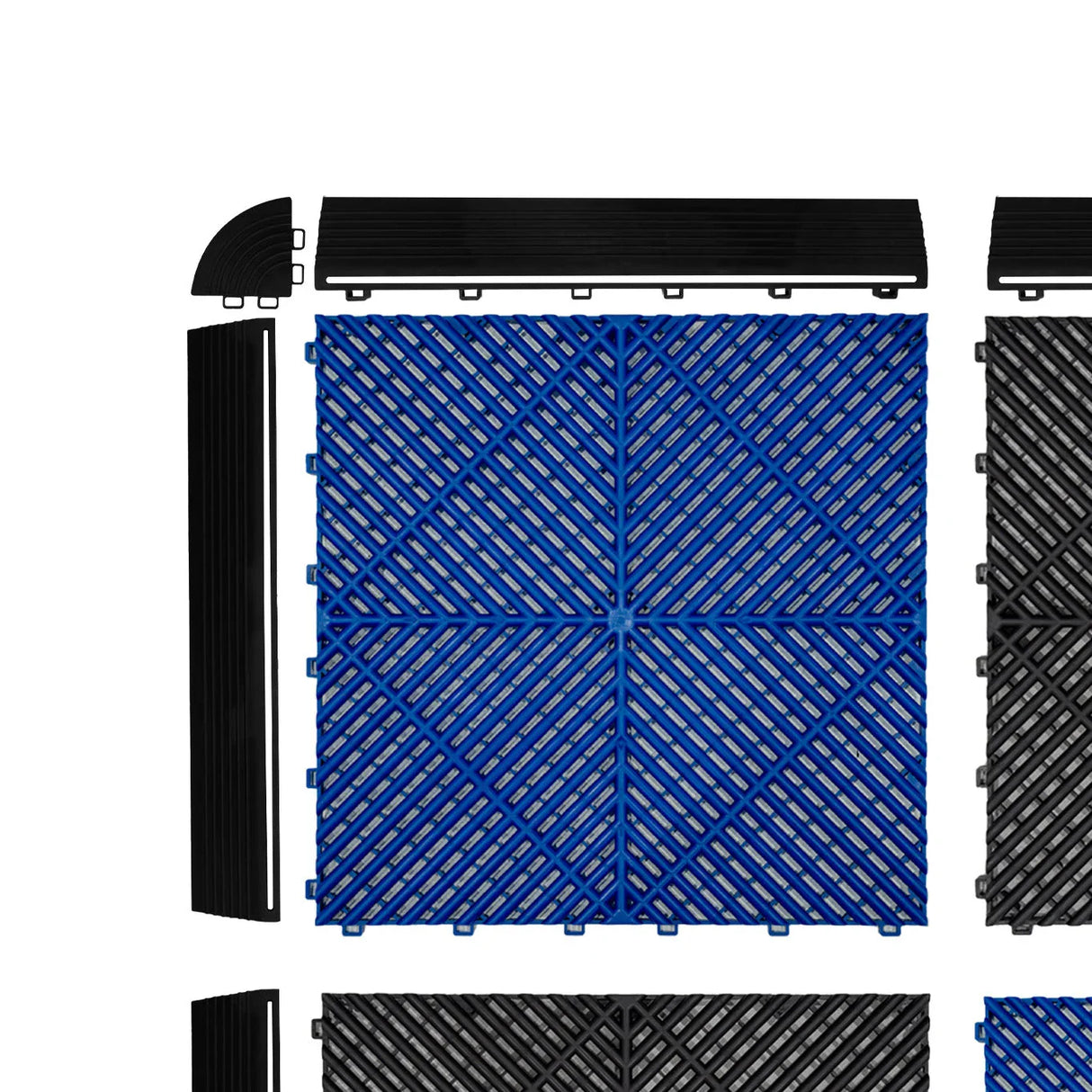 Vented garage floor tiles in black and blue, featuring interlocking edges and a textured surface for enhanced grip and durability