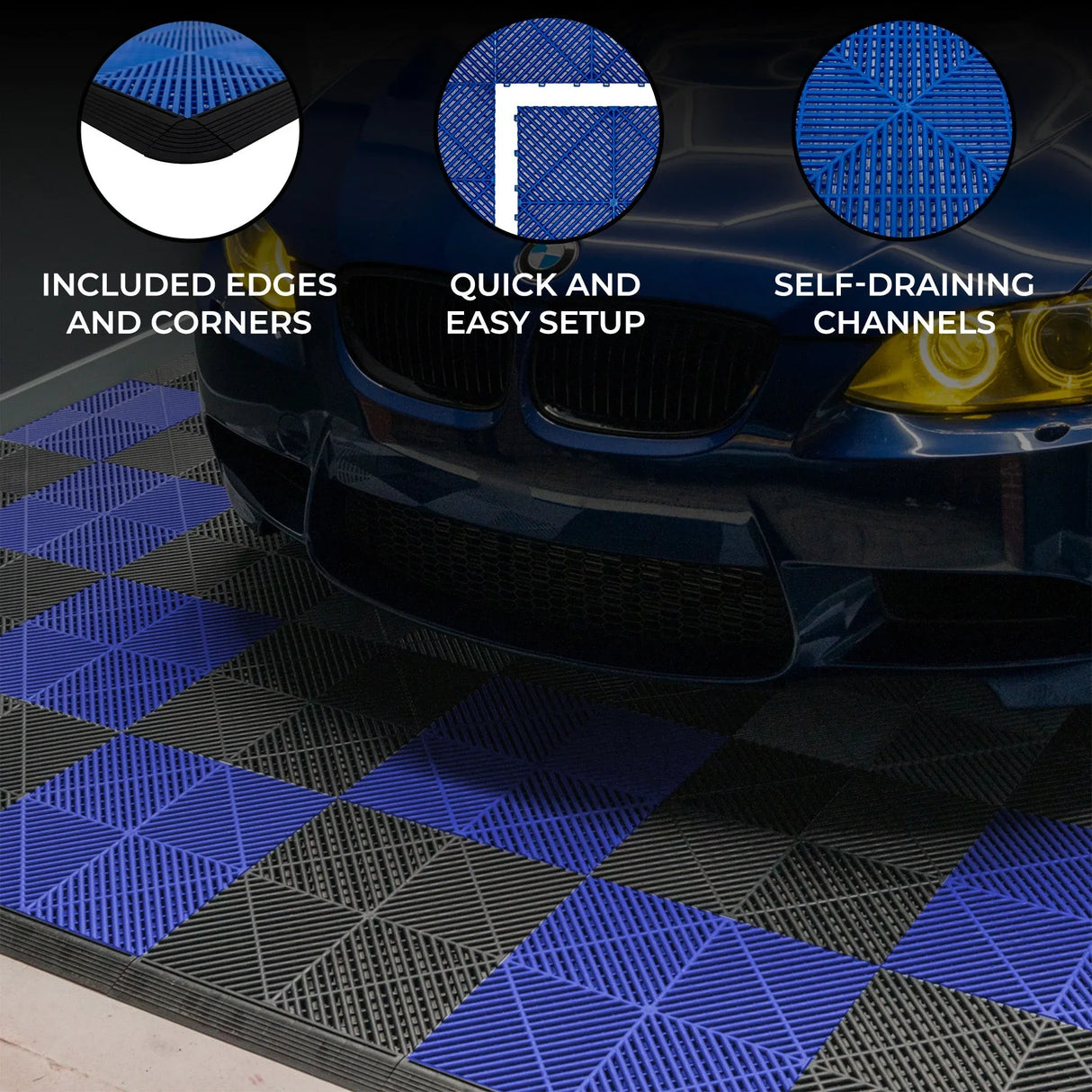 Vented garage floor tiles in black and blue, featuring textured surfaces, self-draining channels, and included edges for easy setup