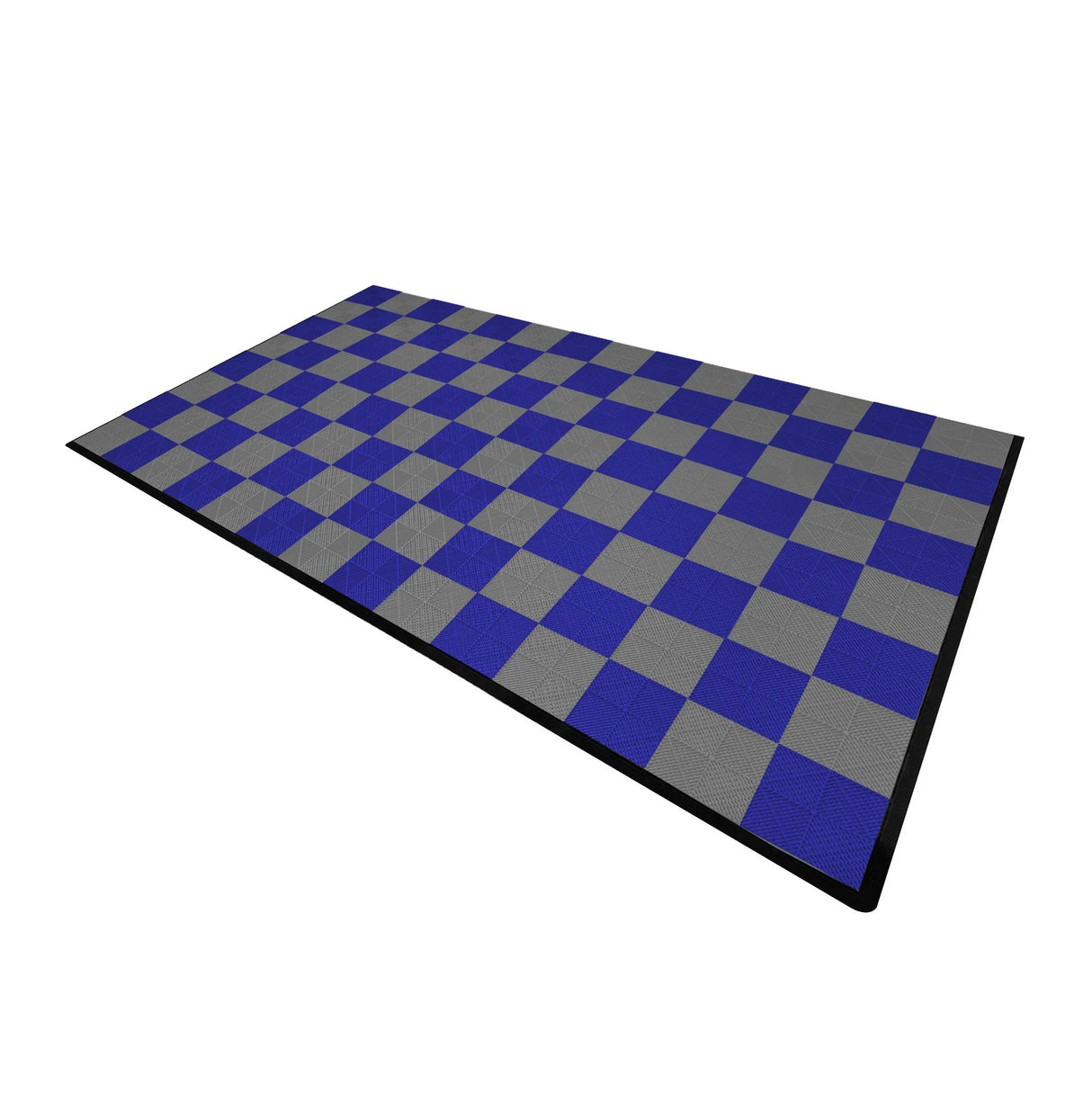 Vented garage floor tiles in a checkerboard pattern, featuring 60 grey and 60 blue tiles with textured surfaces and black edges