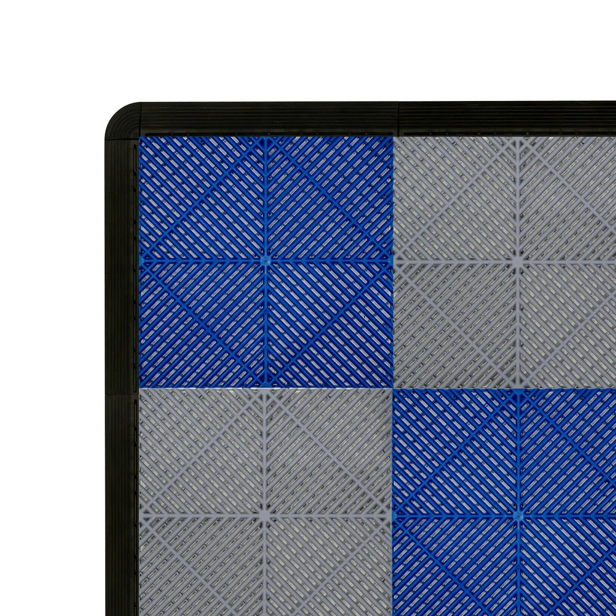 Vented garage floor tiles in grey and blue, featuring a textured surface and interlocking edges for easy installation and durability