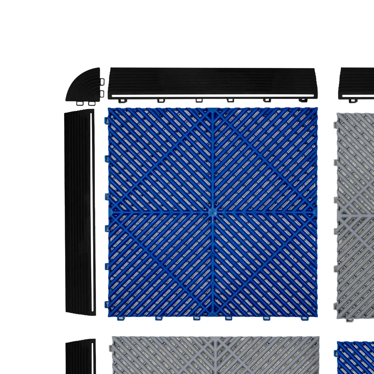 Vented garage floor tiles in grey and blue, featuring interlocking edges, textured surface for traction, ideal for durable flooring solutions