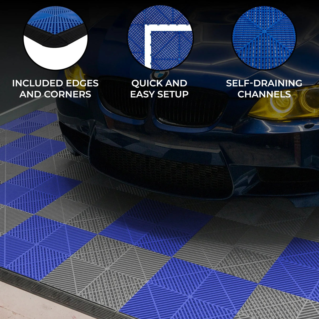 Vented garage floor tiles in grey and blue, featuring textured surfaces, edges, and corners for easy installation and drainage