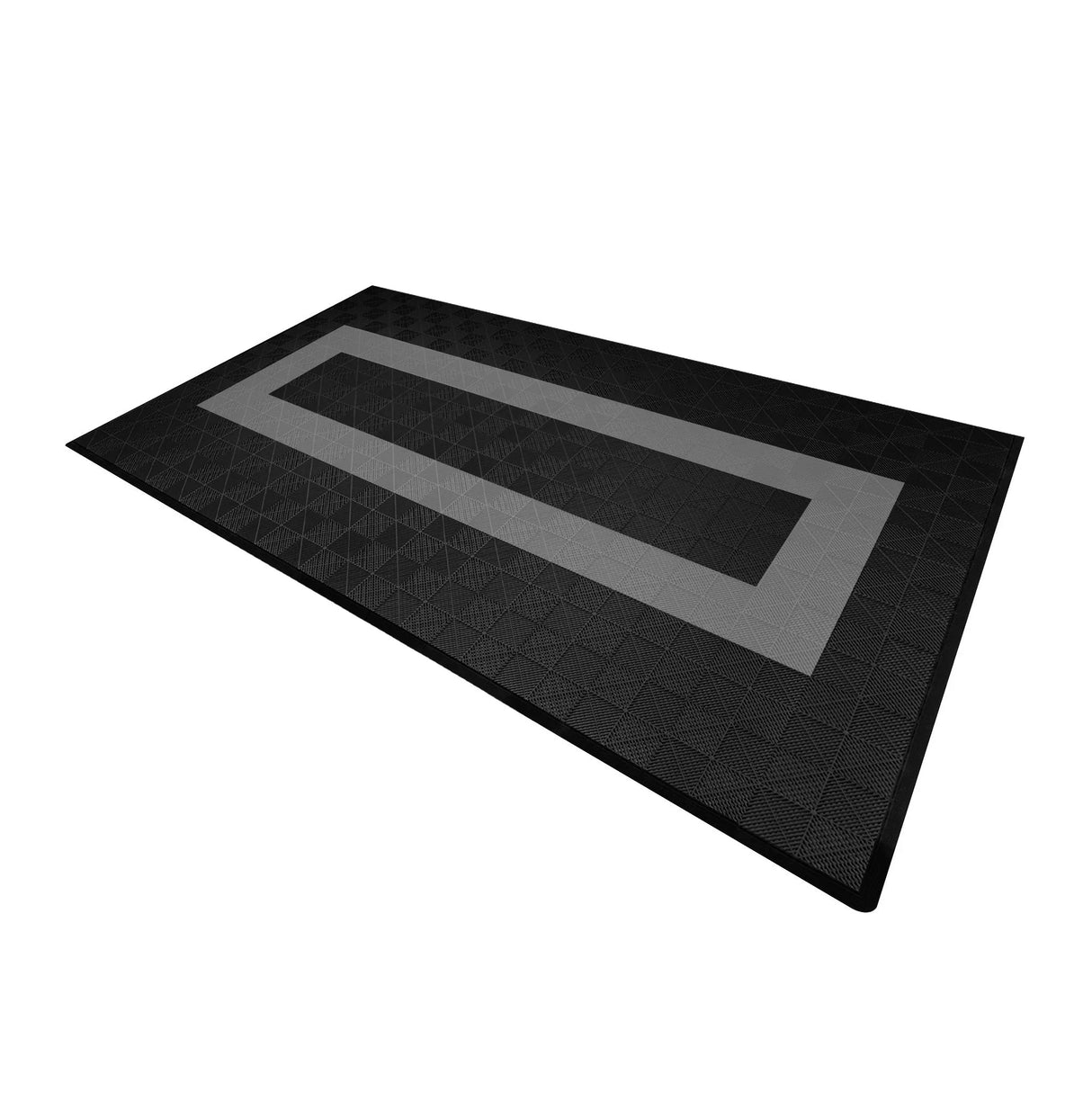 Vented garage floor tiles in a sleek design featuring 90 black and 30 grey tiles, showcasing a textured surface and modern rectangular pattern