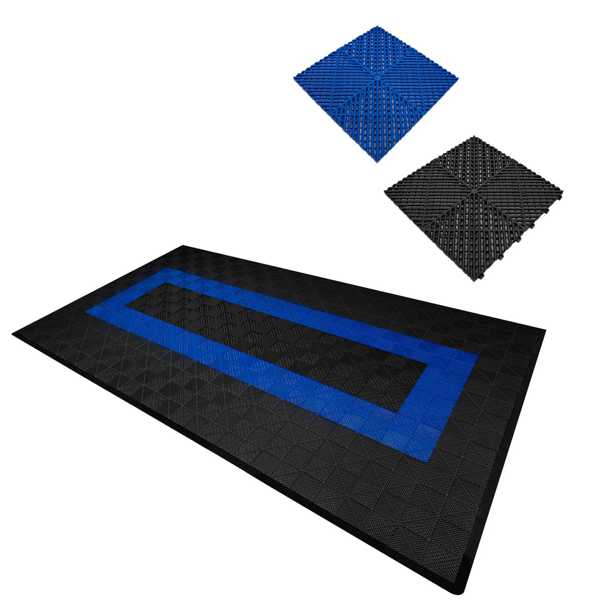 Vented garage floor tiles in black with blue edges, featuring a textured surface for grip and durability, ideal for garage spaces