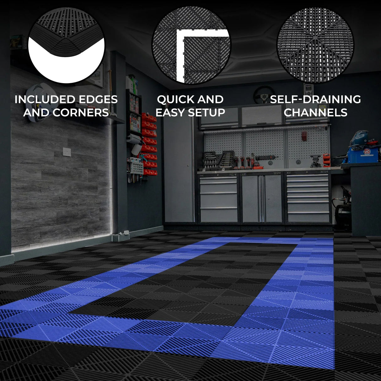 Vented garage floor tiles in black and blue, featuring self-draining channels, textured surfaces, and included edges for easy setup