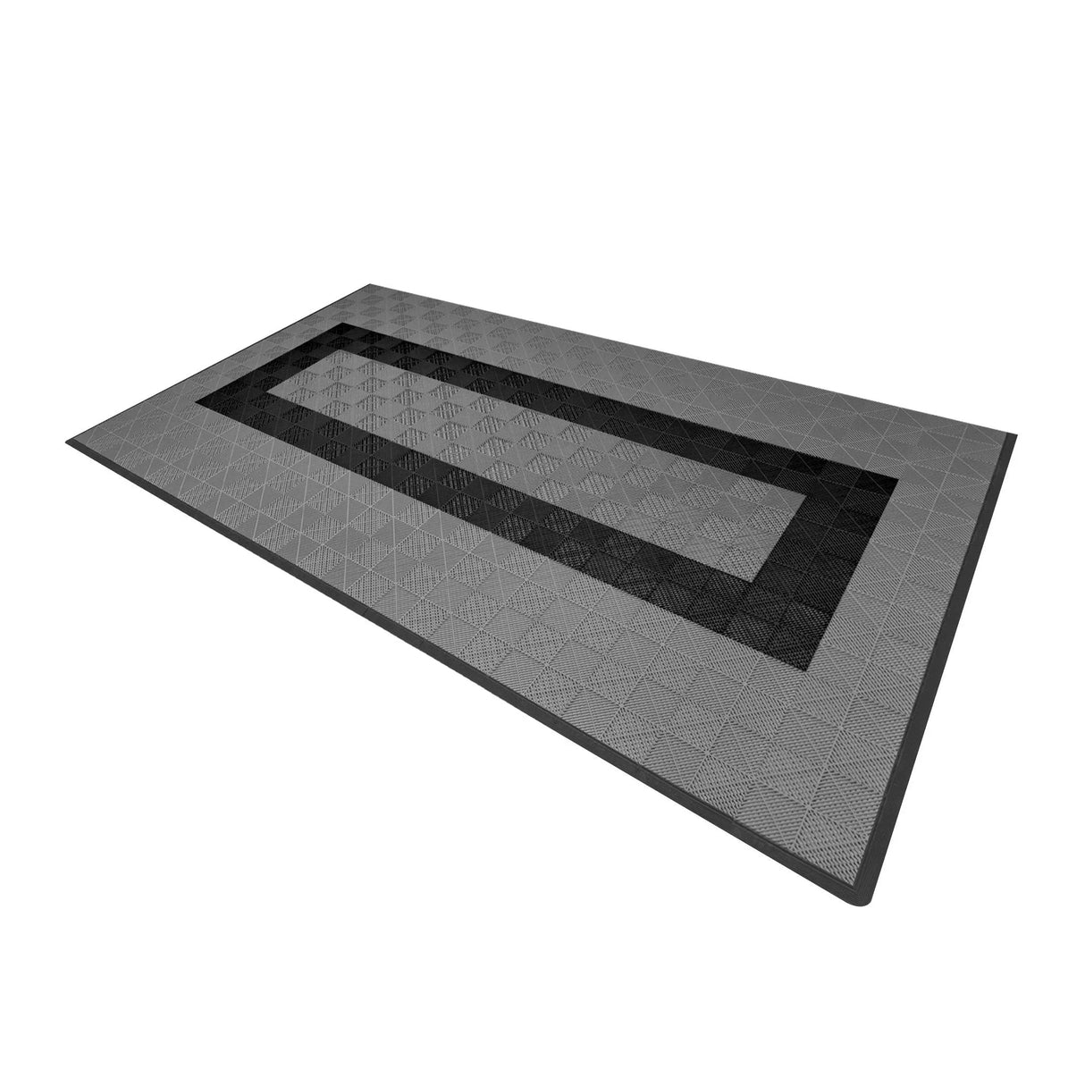 Vented garage floor tiles in grey and black, featuring a textured surface and interlocking edges for easy installation and durability