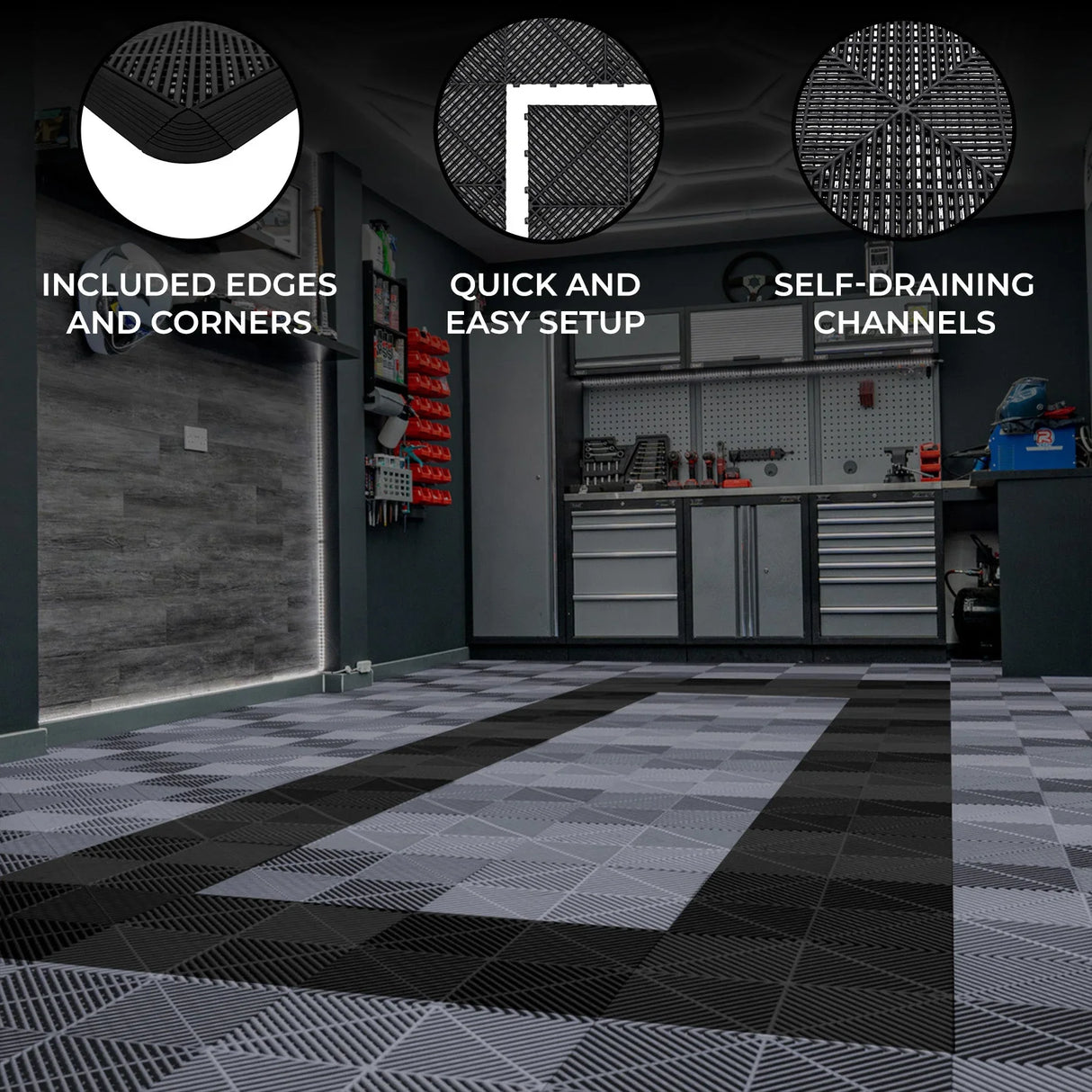 Vented garage floor tiles in grey and black, featuring self-draining channels, textured surfaces, and included edges for easy setup