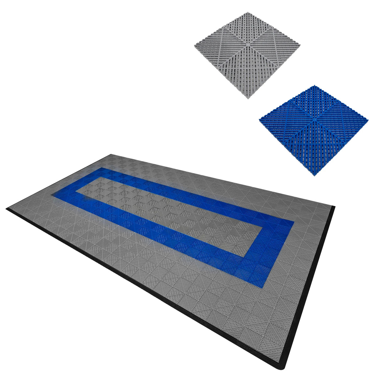 Vented garage floor tiles in grey with blue edges, featuring a textured surface for grip and durability, ideal for garage spaces