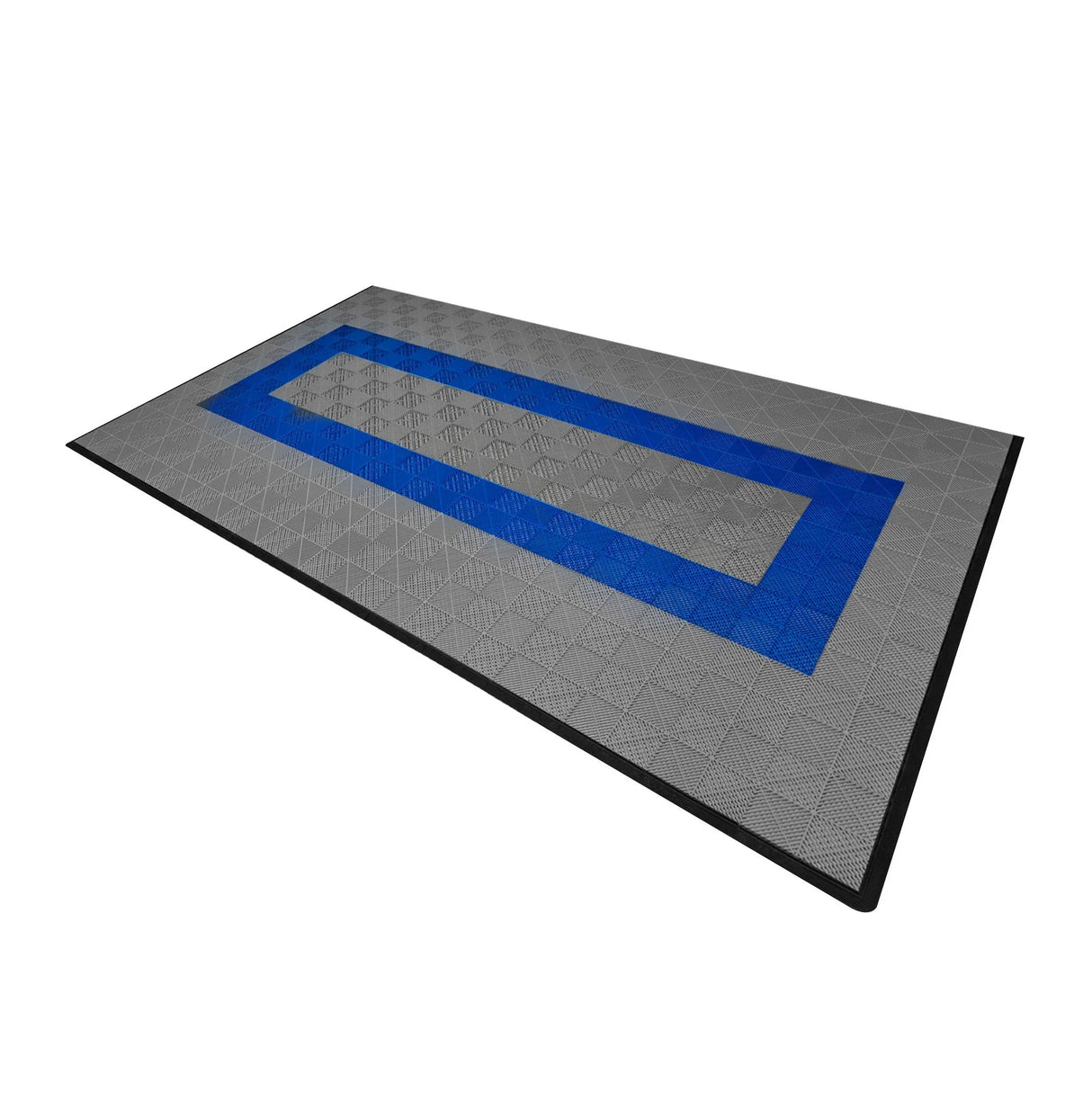 Vented garage floor tiles in grey with a blue rectangular border, featuring a textured surface for enhanced grip and durability