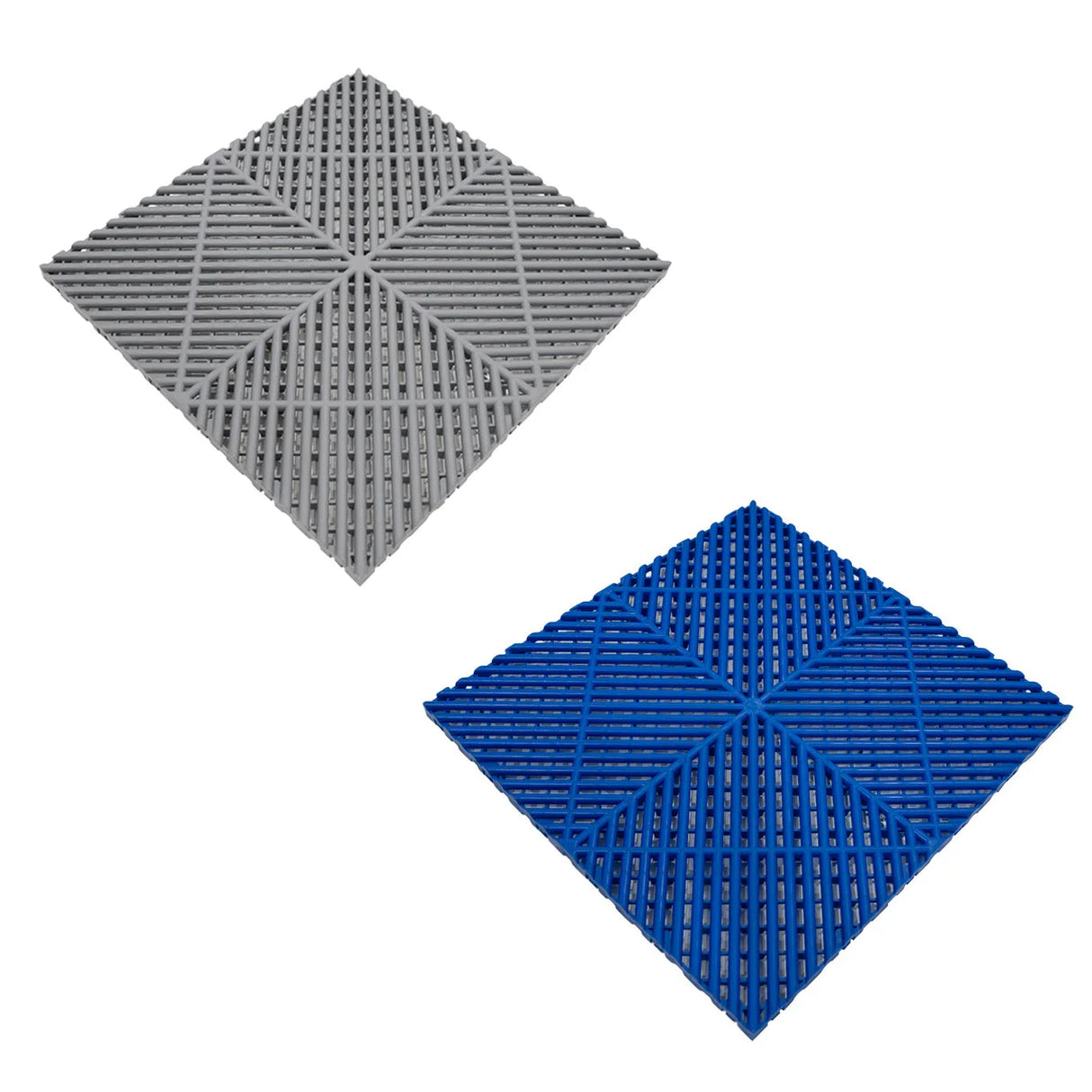 Vented garage floor tiles in grey and blue, featuring a textured surface and interlocking edges for easy installation and drainage