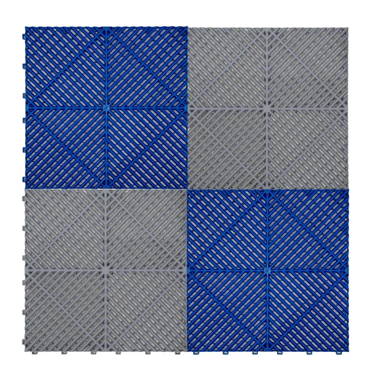 Vented garage floor tiles in grey and blue, featuring a textured surface and interlocking edges for easy installation and durability