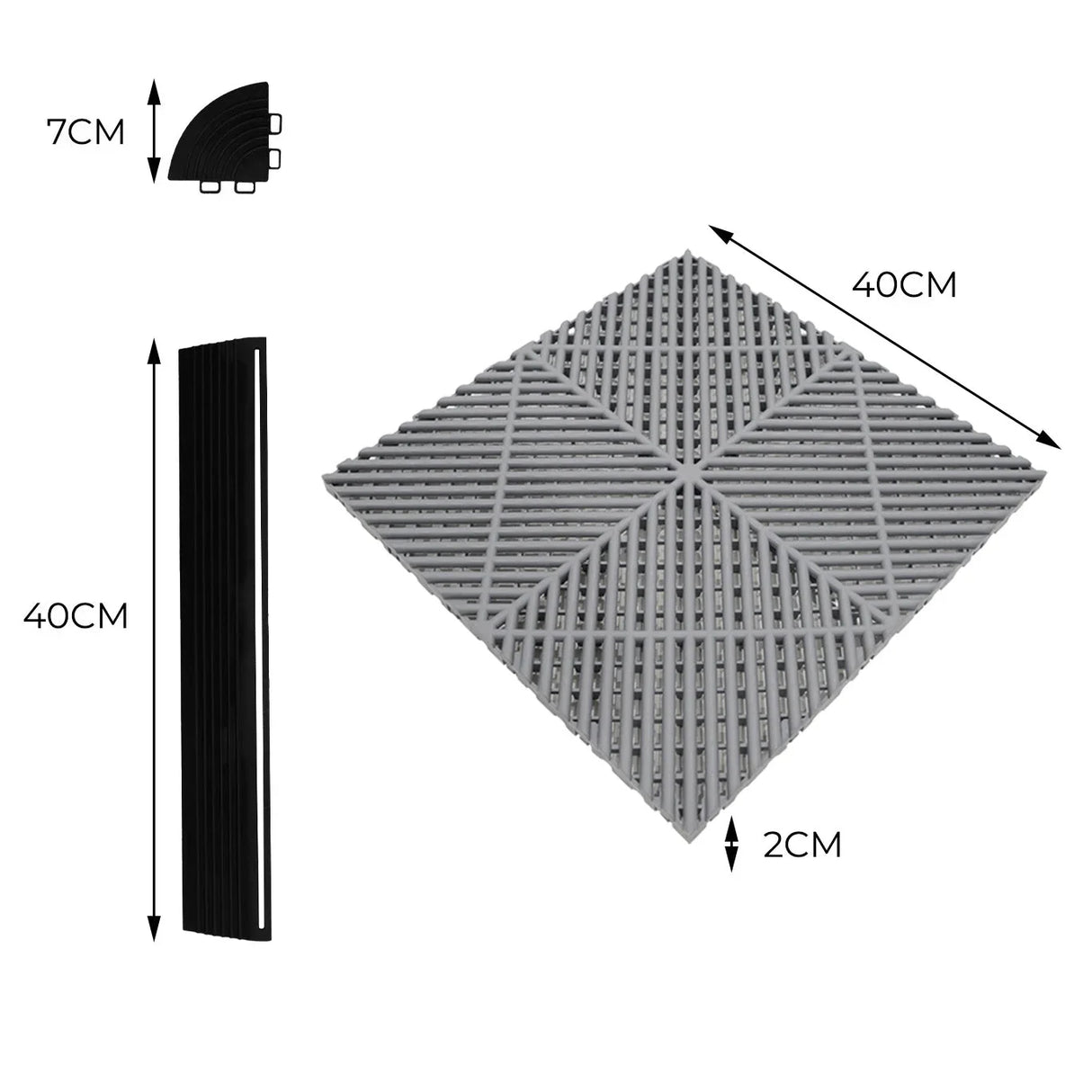 Vented garage floor tiles in grey and blue, featuring a textured surface, interlocking edges, and dimensions of 40cm x 40cm x 2cm