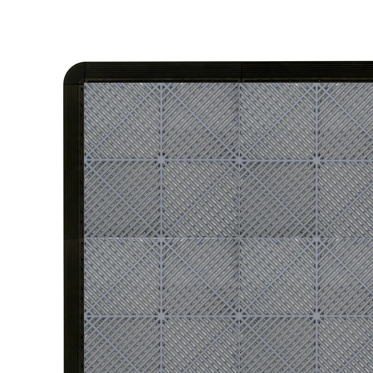 Vented garage floor tiles featuring a sleek grey design with textured patterns, complemented by black edges for a polished look