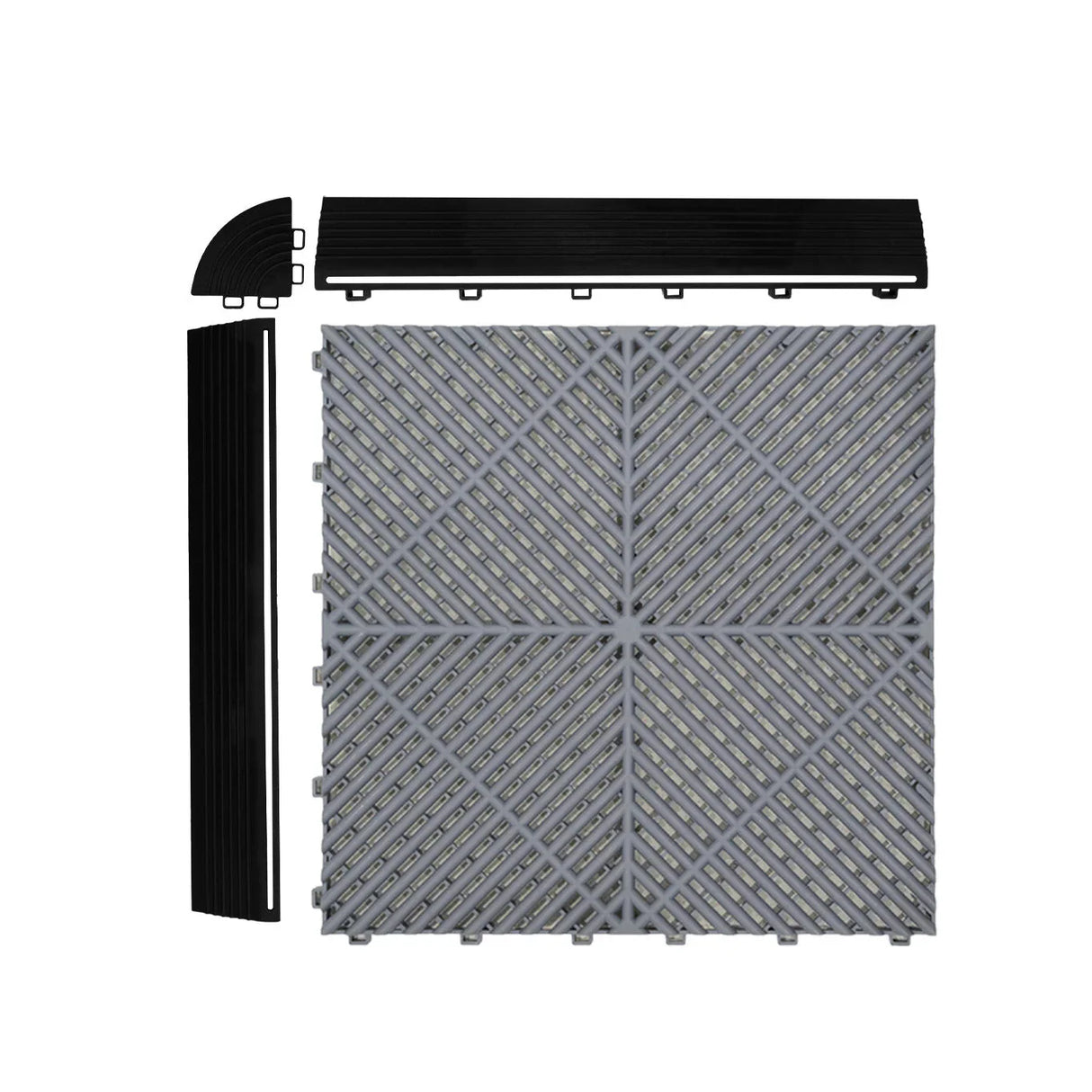 Vented garage floor tiles in grey and blue, featuring a textured surface and interlocking edges for easy installation and durability