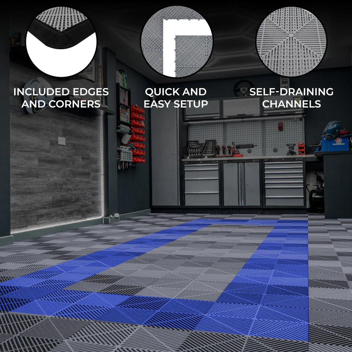 Vented garage floor tiles in grey and blue with edges, featuring a textured surface and self-draining channels for easy maintenance