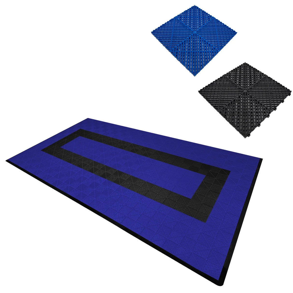 Vented garage floor tiles in blue and black, featuring a textured surface, interlocking edges, and a modern geometric design