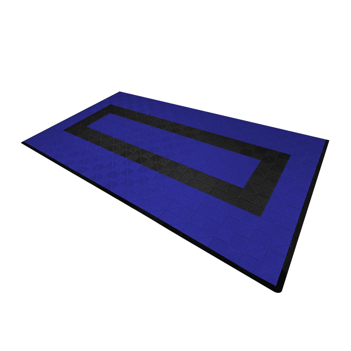 Vented garage floor tiles in blue with a black edge, featuring a textured surface and geometric pattern for durability and traction