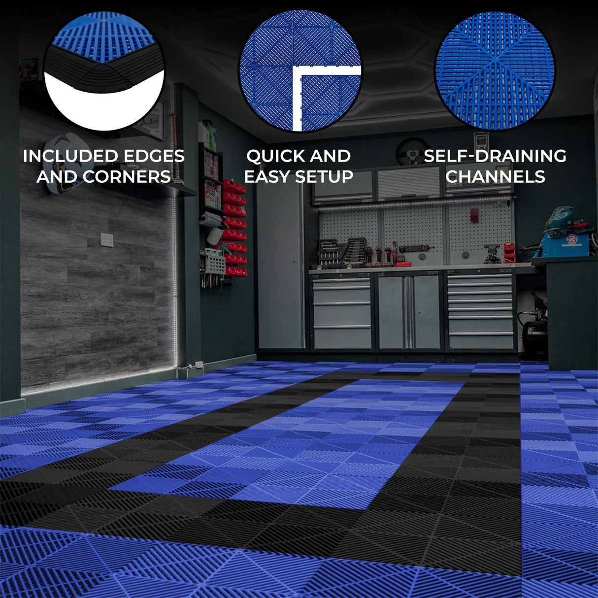 Vented garage floor tiles in blue and black, featuring self-draining channels, textured surfaces, and included edges for easy setup