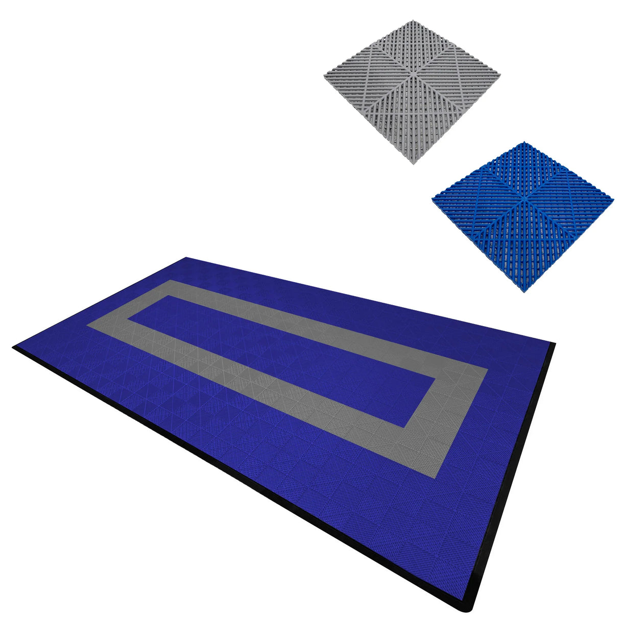Vented garage floor tiles in blue and grey, featuring a textured surface and interlocking edges for easy installation and durability
