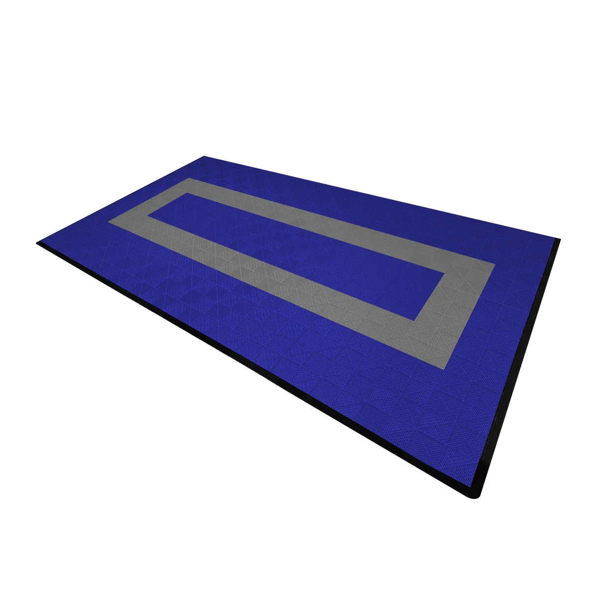 Vented garage floor tiles in blue and grey, featuring a textured surface and interlocking edges for easy installation and durability