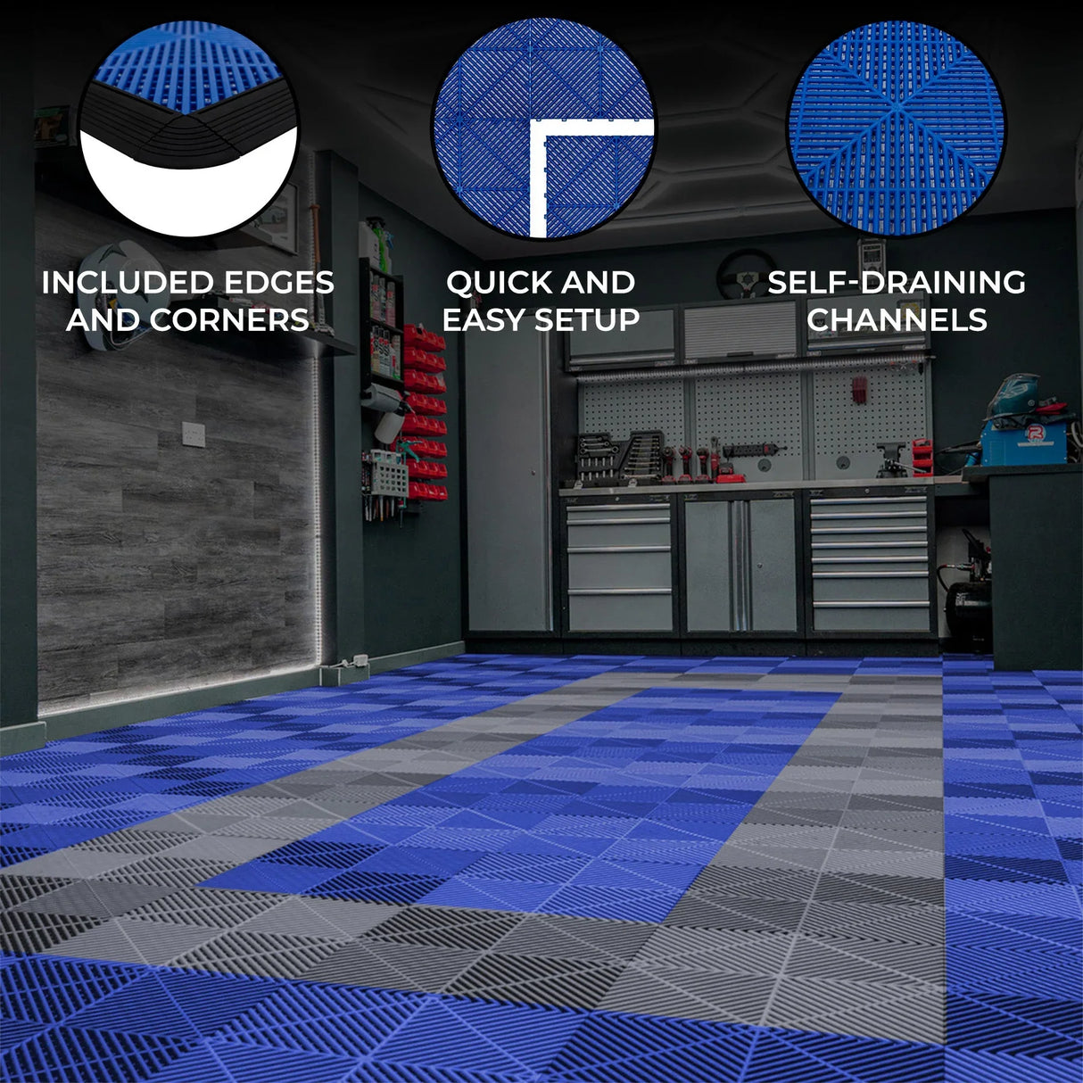 Vented garage floor tiles in blue and grey, featuring self-draining channels, included edges, and a textured surface for grip