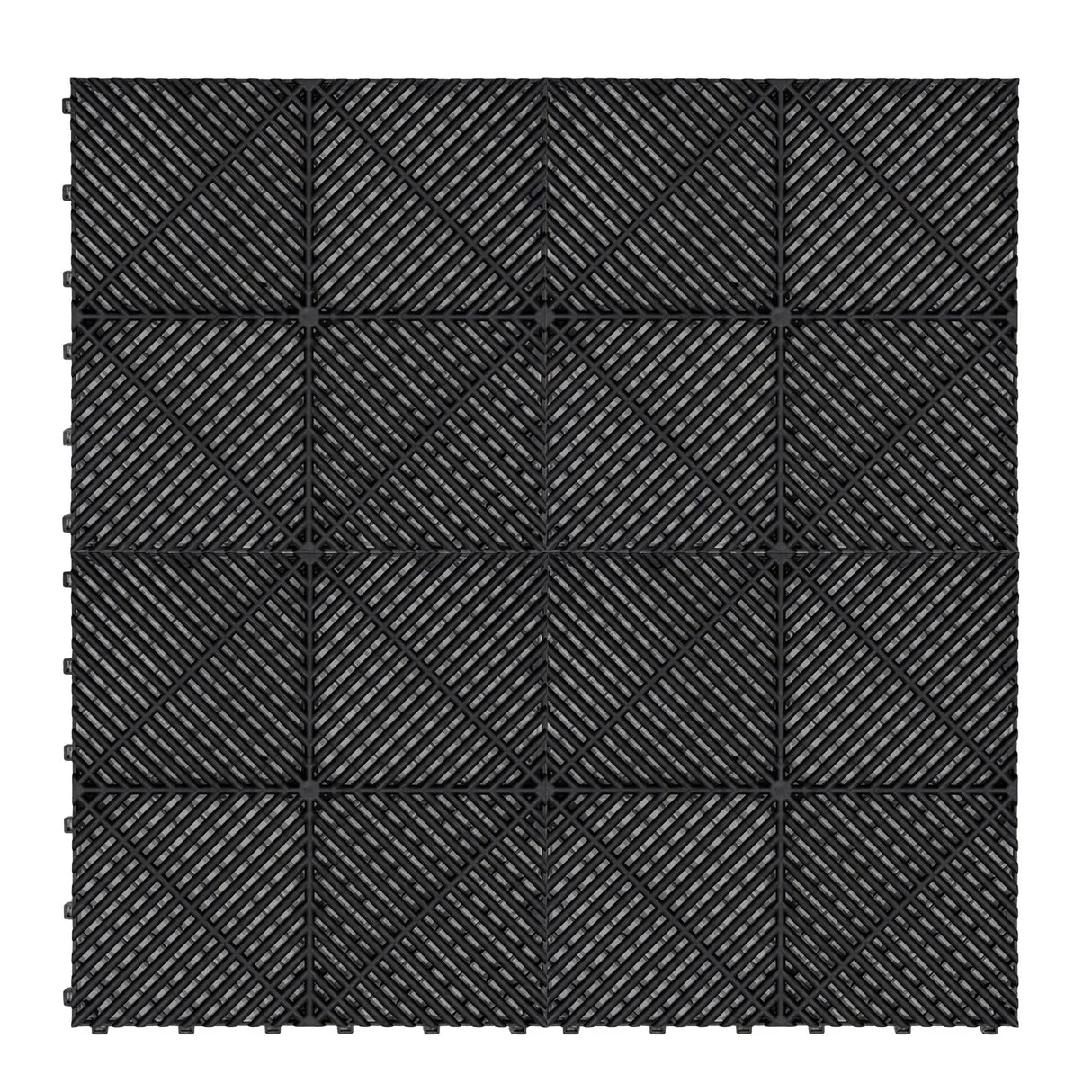 Vented black garage floor tiles with textured surface and interlocking edges, ideal for durable flooring solutions in garages