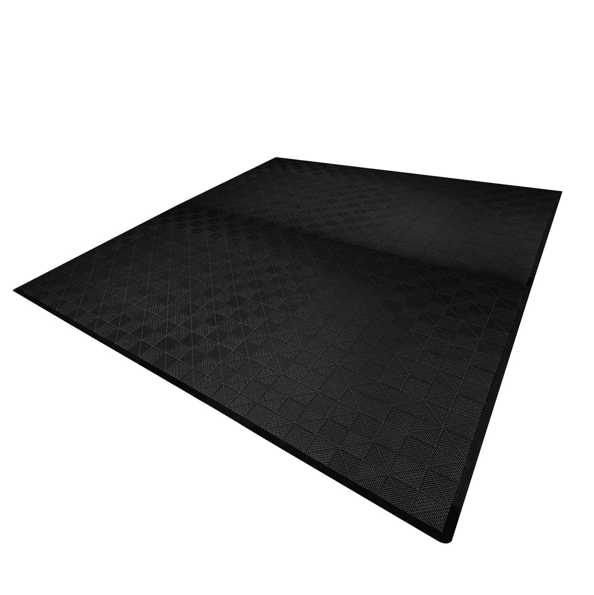 Vented black garage floor tiles with textured surface and interlocking edges, designed for durability and easy installation
