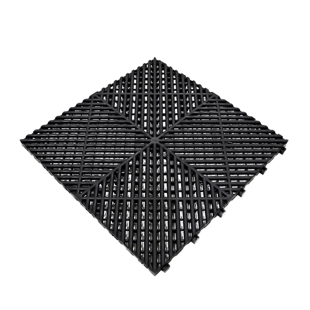 Vented black garage floor tile with a textured surface, featuring a grid pattern for drainage and durability, ideal for garages