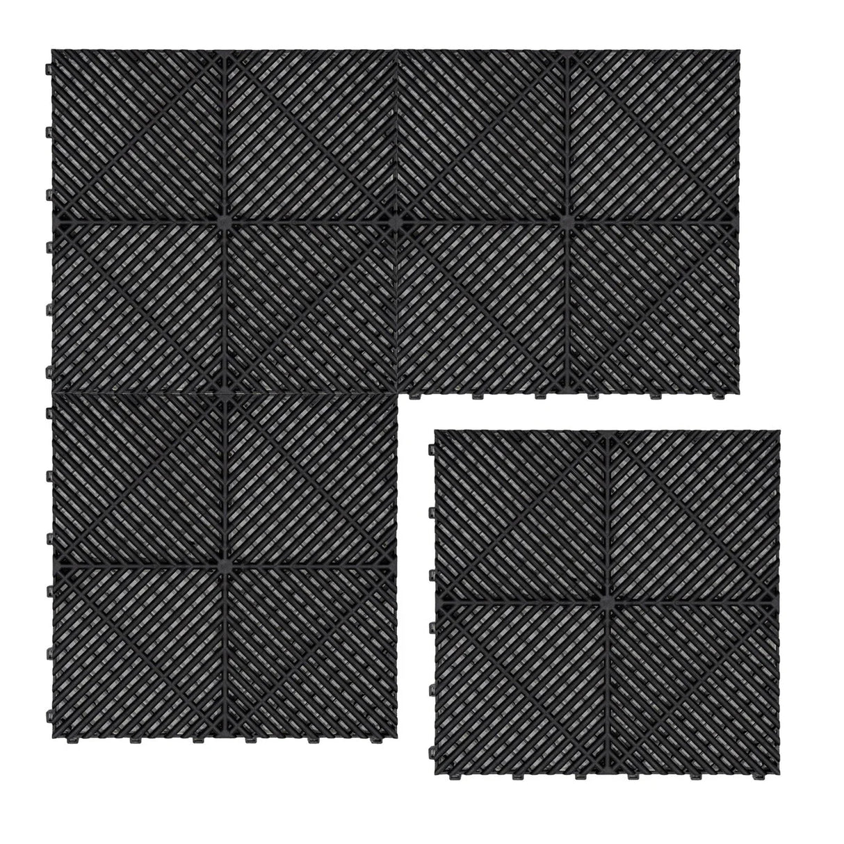 Vented black garage floor tiles arranged in a geometric pattern, featuring textured surfaces and interlocking edges for easy installation