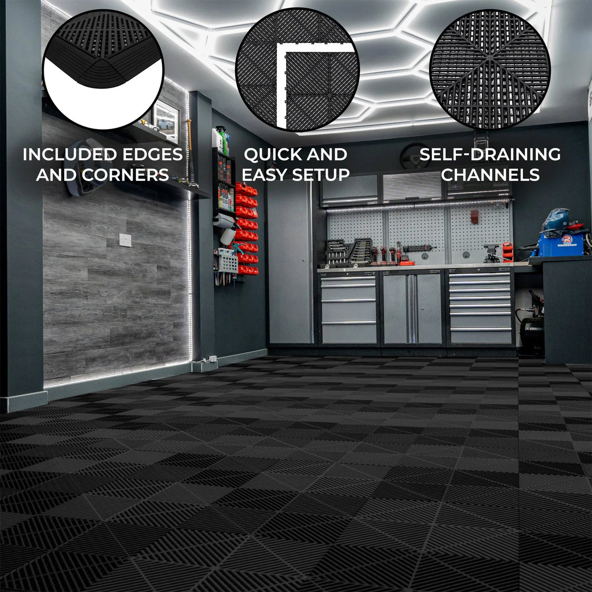 Vented black garage floor tiles with edges, featuring a textured surface and self-draining channels for easy maintenance and installation