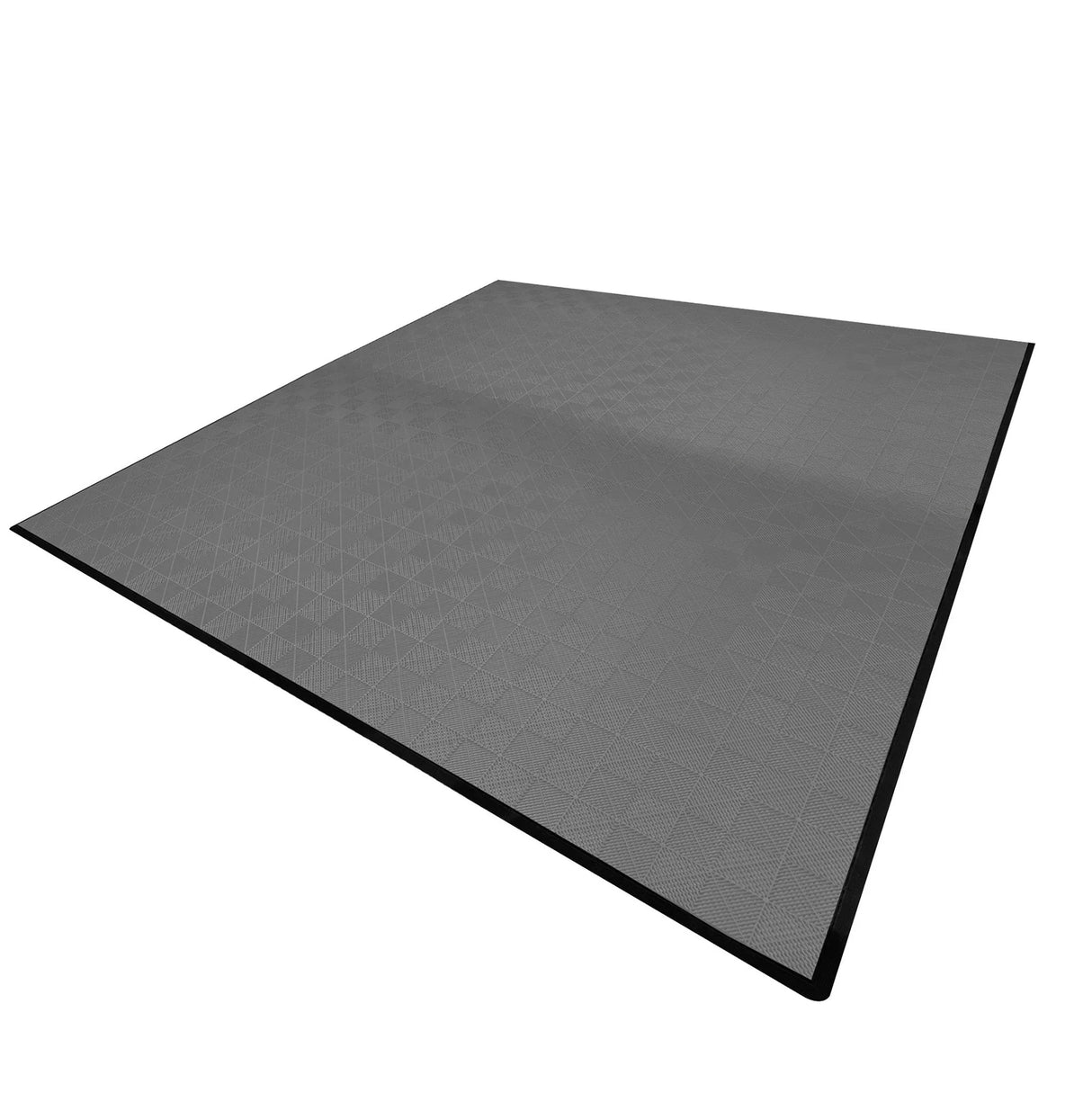 Vented grey garage floor tiles with textured surface and black edges, designed for durability and easy drainage in garages