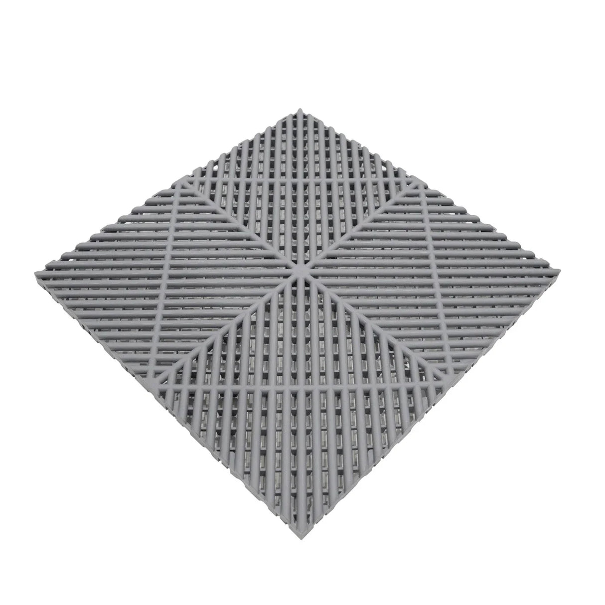 Grey vented garage floor tile with a textured surface, featuring a diamond pattern and interlocking edges for easy installation