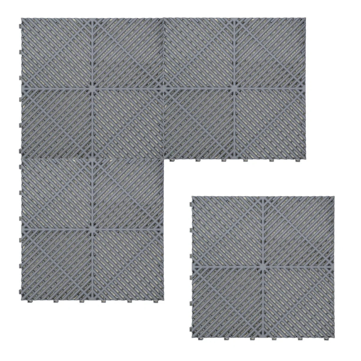 Grey vented garage floor tiles arranged in a geometric pattern, featuring textured surfaces and interlocking edges for easy installation